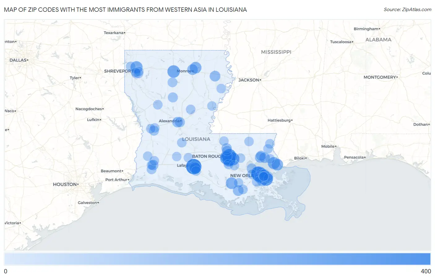 Zip Codes with the Most Immigrants from Western Asia in Louisiana Map