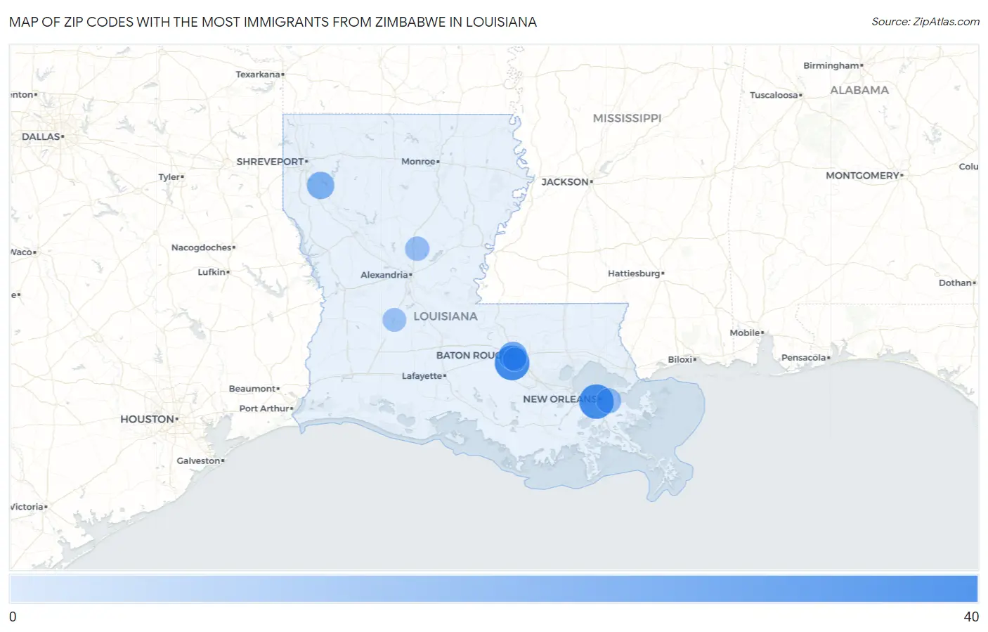 Zip Codes with the Most Immigrants from Zimbabwe in Louisiana Map