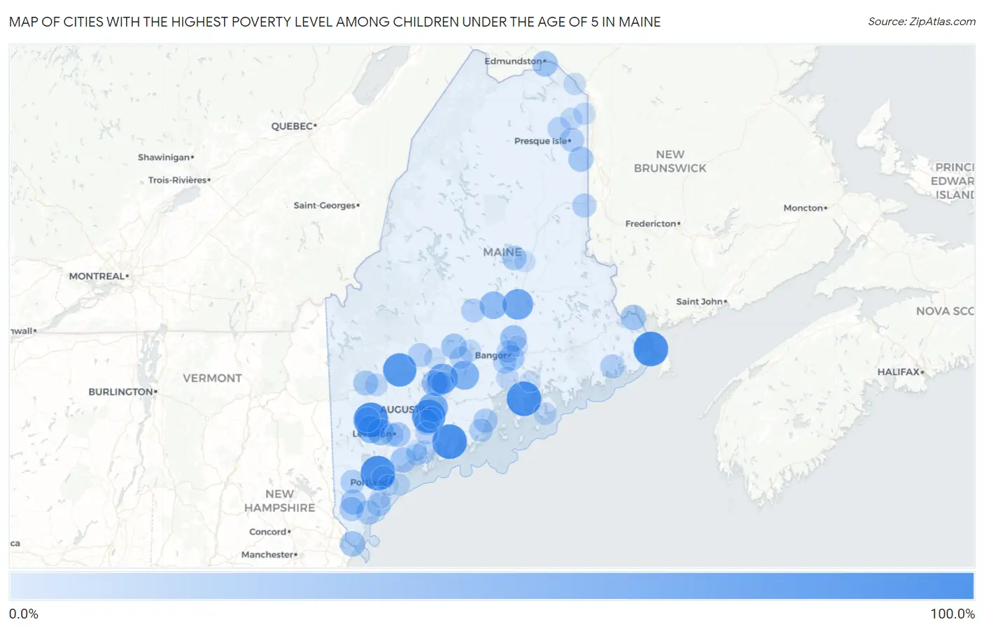Cities with the Highest Poverty Level Among Children Under the Age of 5 in Maine Map