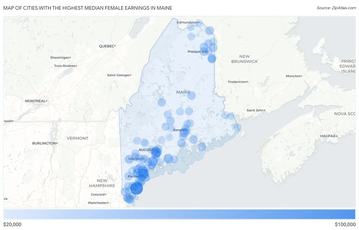 Cities with the Highest Median Female Earnings in Maine Map