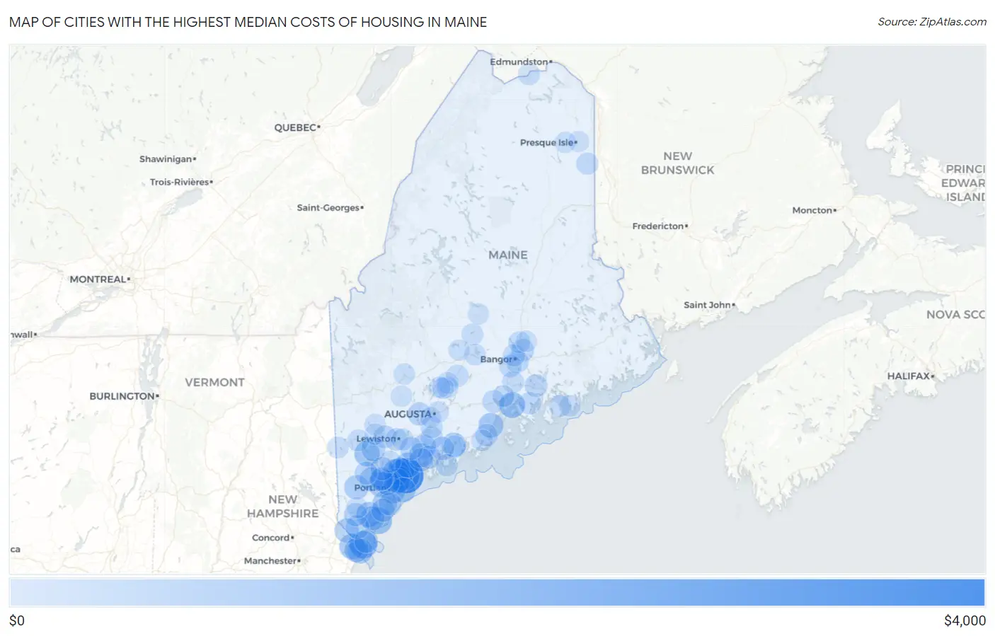 Cities with the Highest Median Costs of Housing in Maine Map