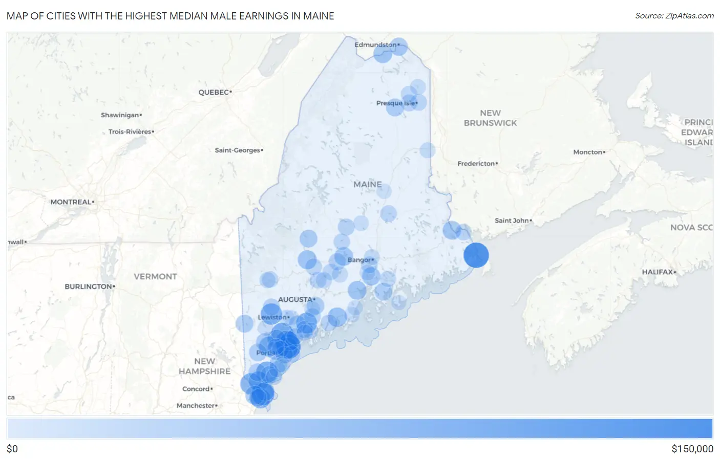 Cities with the Highest Median Male Earnings in Maine Map