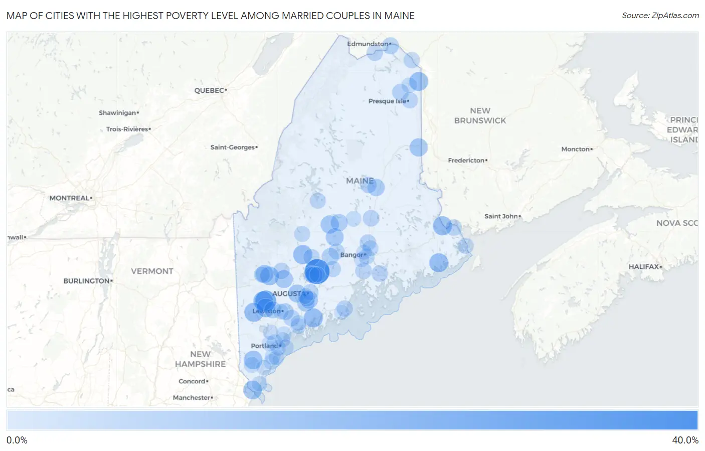 Cities with the Highest Poverty Level Among Married Couples in Maine Map