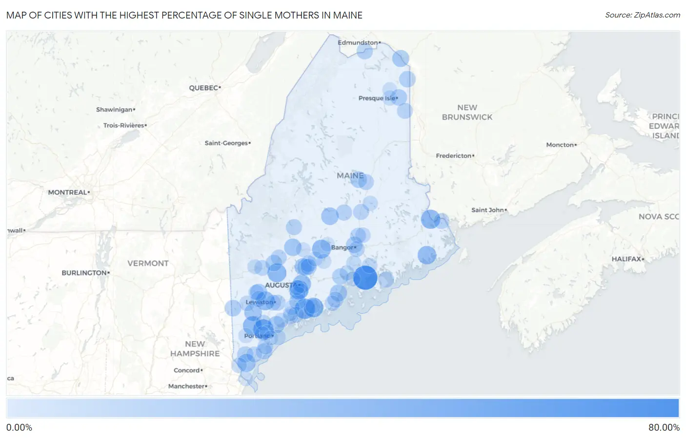 Cities with the Highest Percentage of Single Mothers in Maine Map