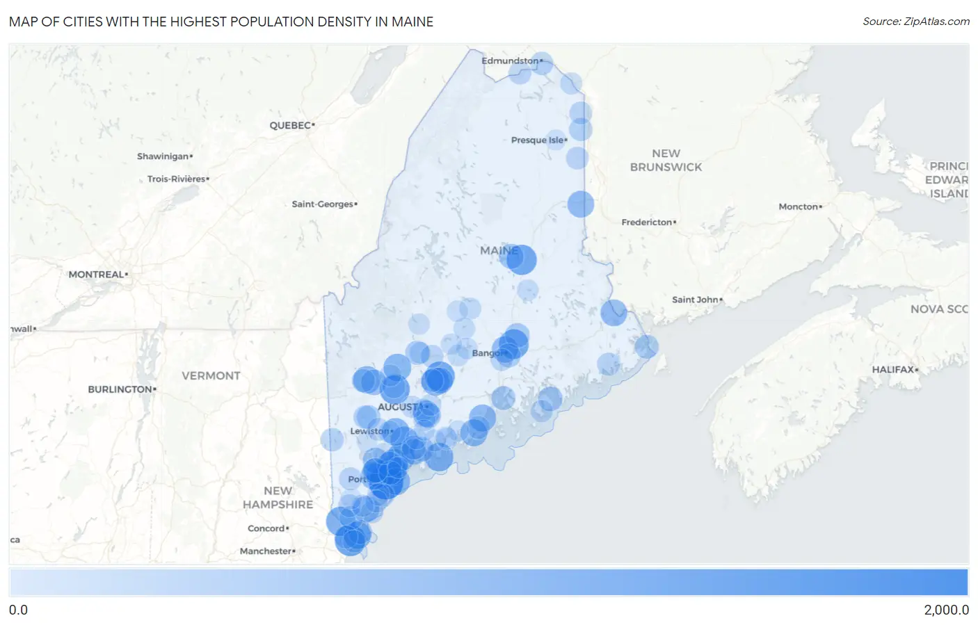Cities with the Highest Population Density in Maine Map