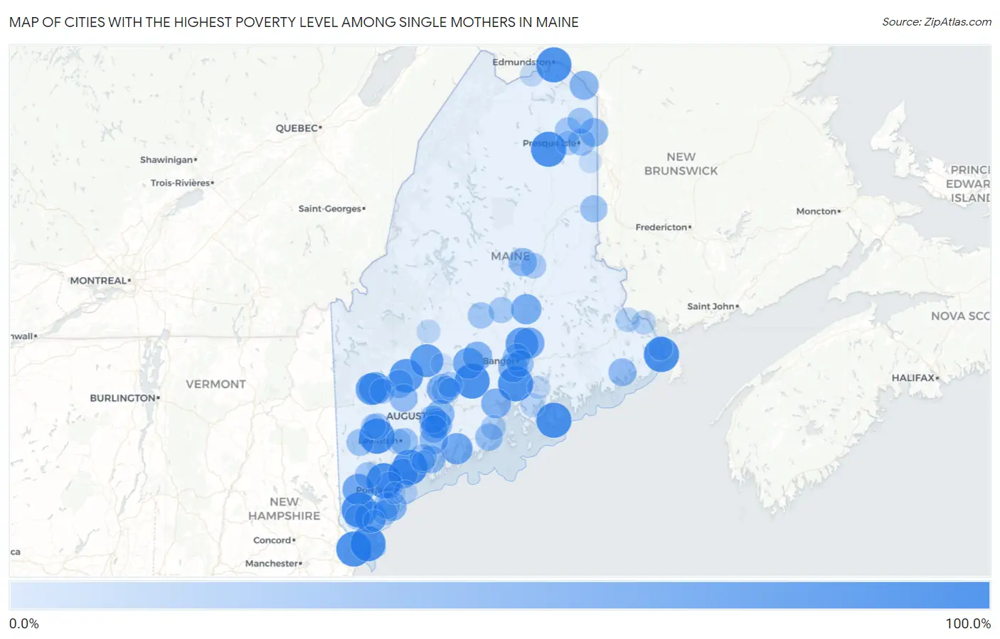 Cities with the Highest Poverty Level Among Single Mothers in Maine Map
