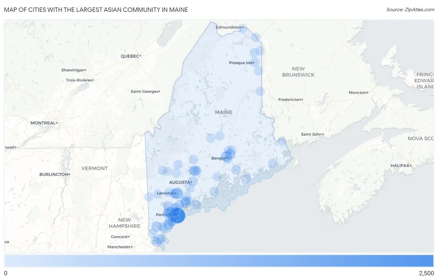 Cities with the Largest Asian Community in Maine Map