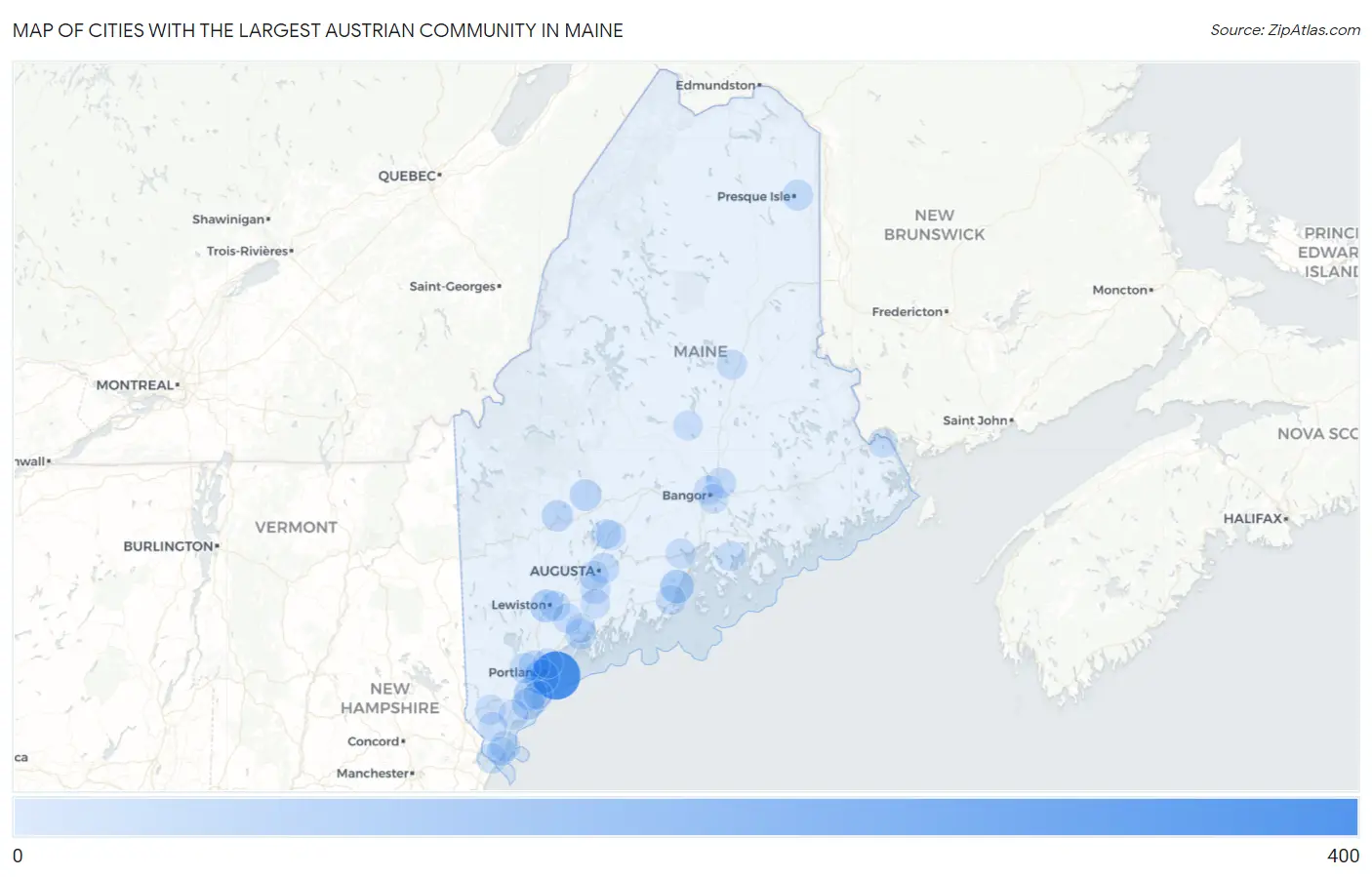 Cities with the Largest Austrian Community in Maine Map
