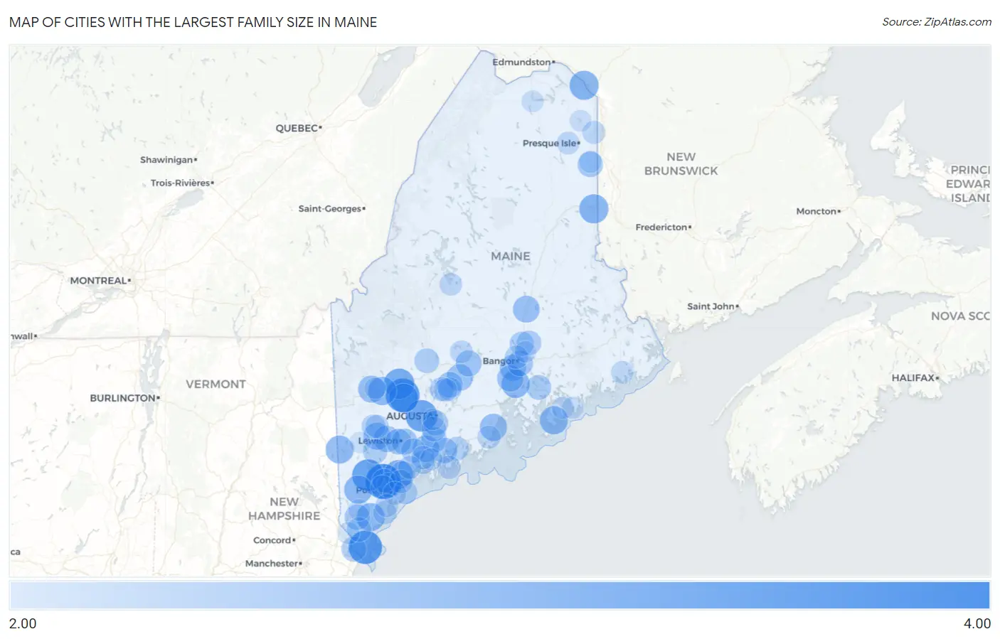 Cities with the Largest Family Size in Maine Map