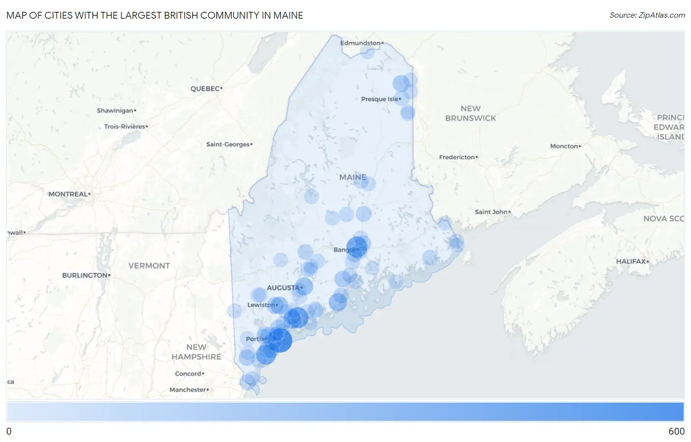 Cities with the Largest British Community in Maine Map