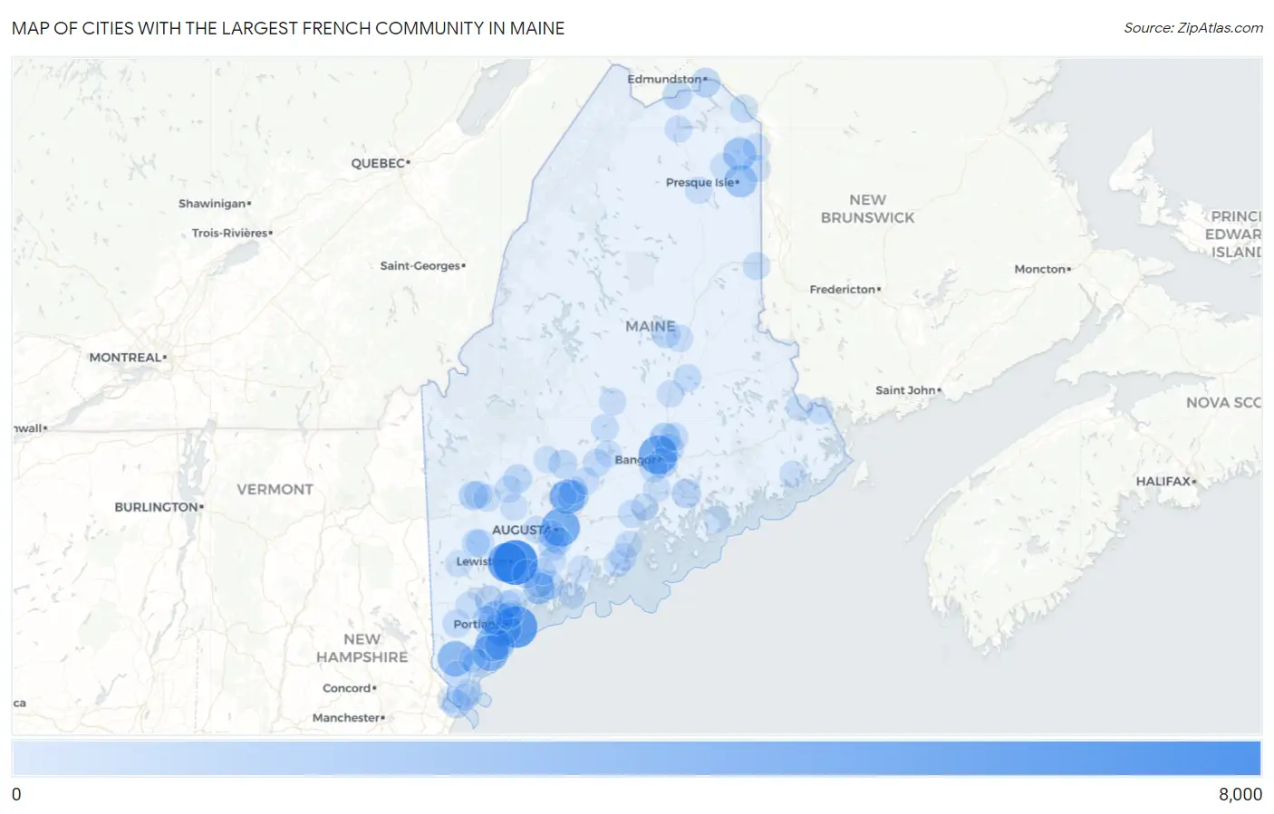 Cities with the Largest French Community in Maine Map
