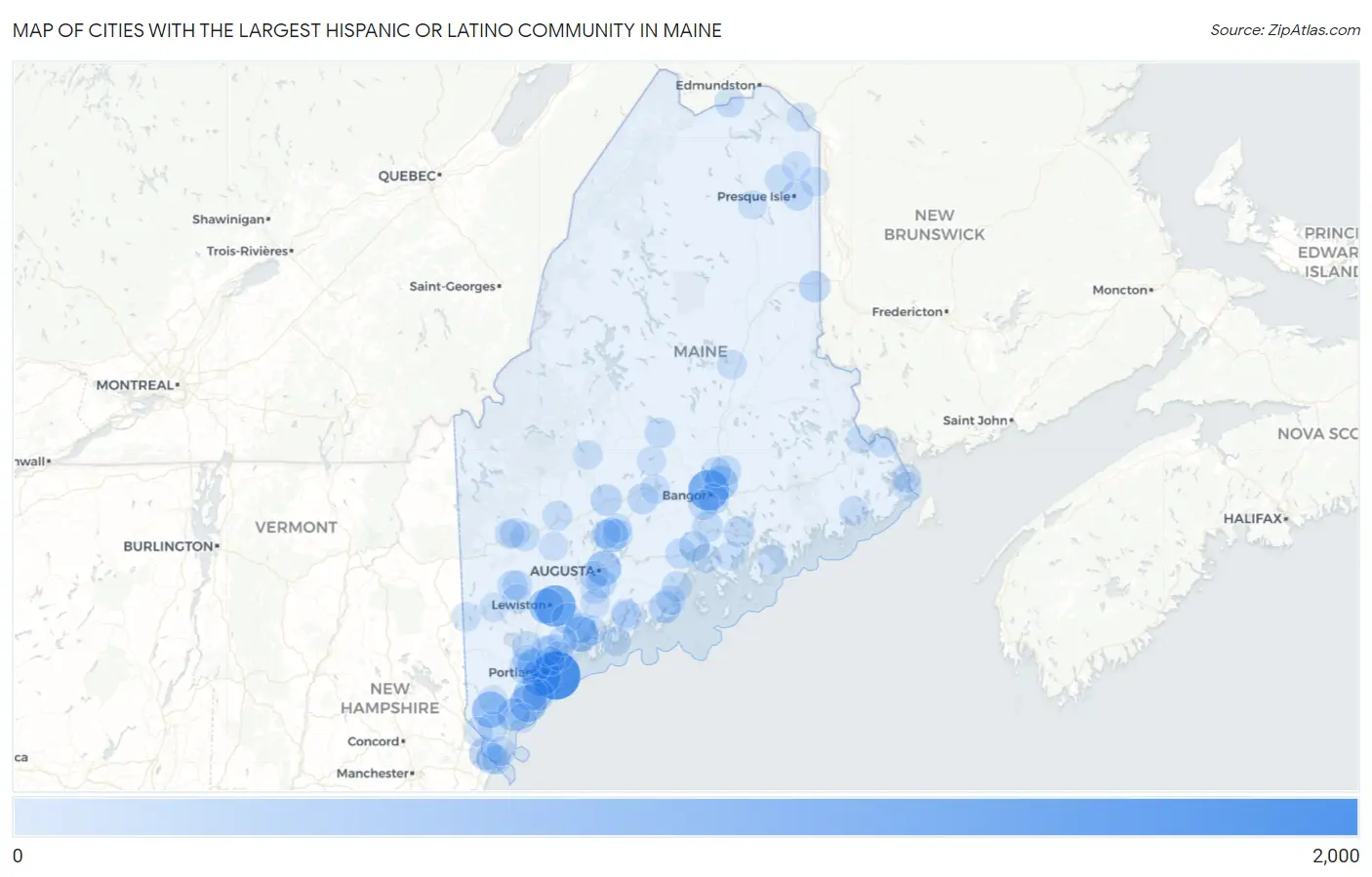 Cities with the Largest Hispanic or Latino Community in Maine Map
