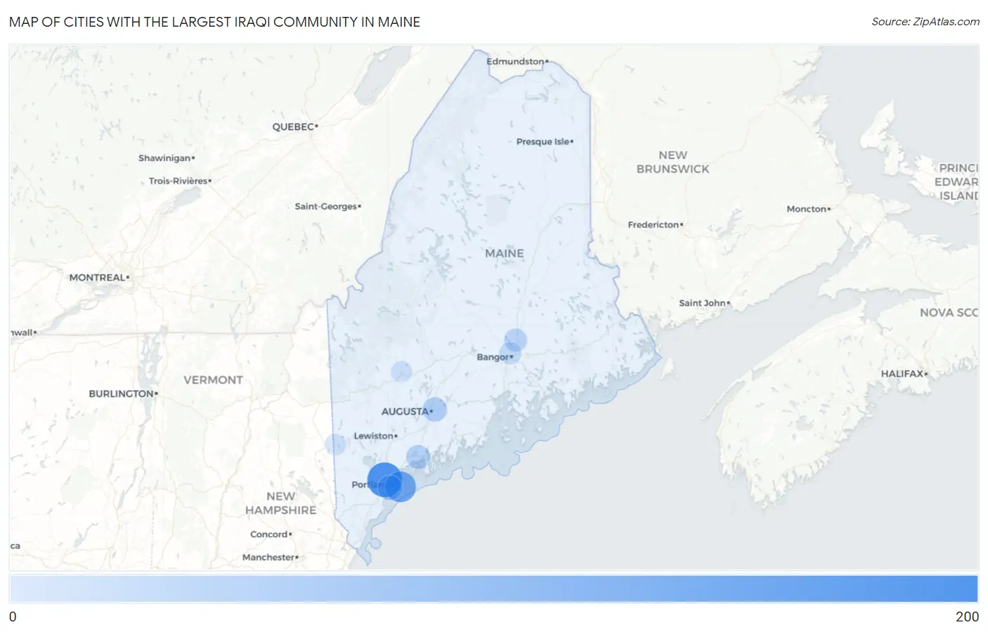 Cities with the Largest Iraqi Community in Maine Map