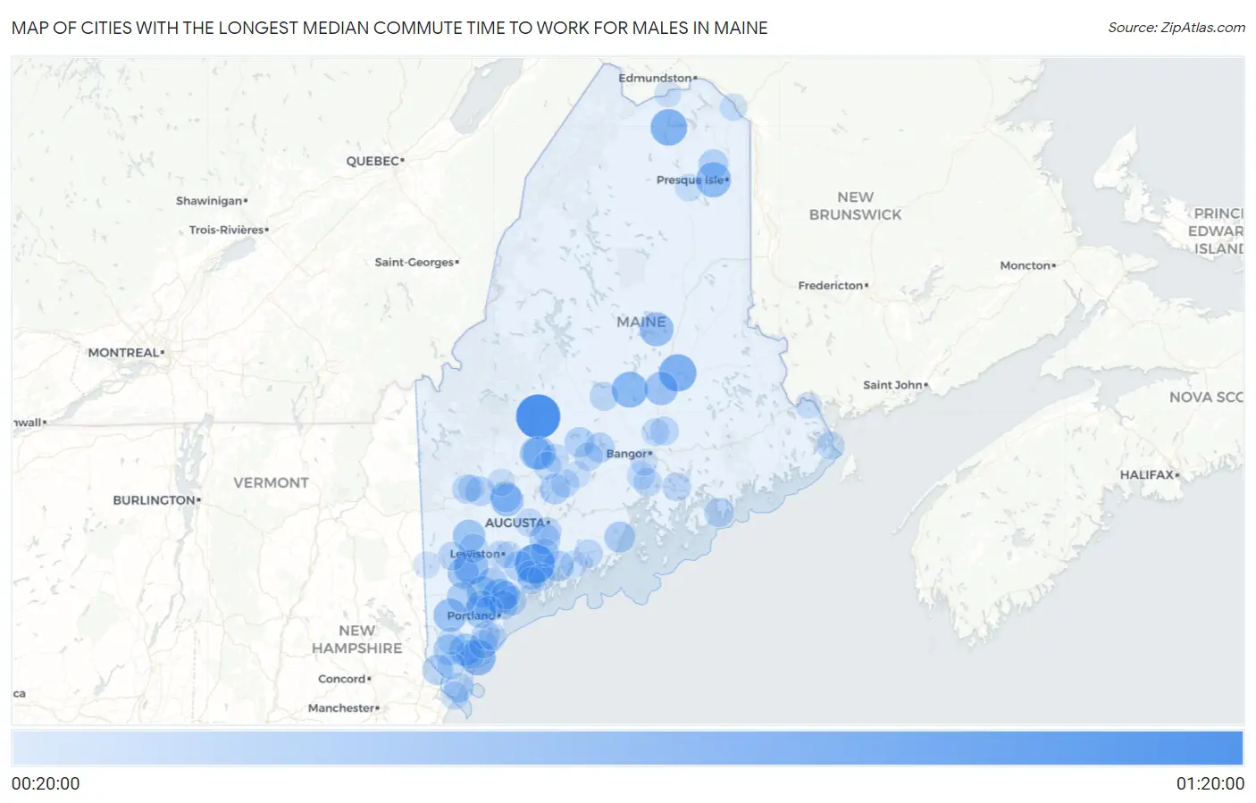 Cities with the Longest Median Commute Time to Work for Males in Maine Map