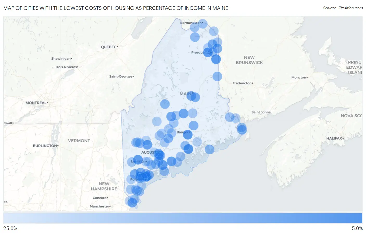 Cities with the Lowest Costs of Housing as Percentage of Income in Maine Map
