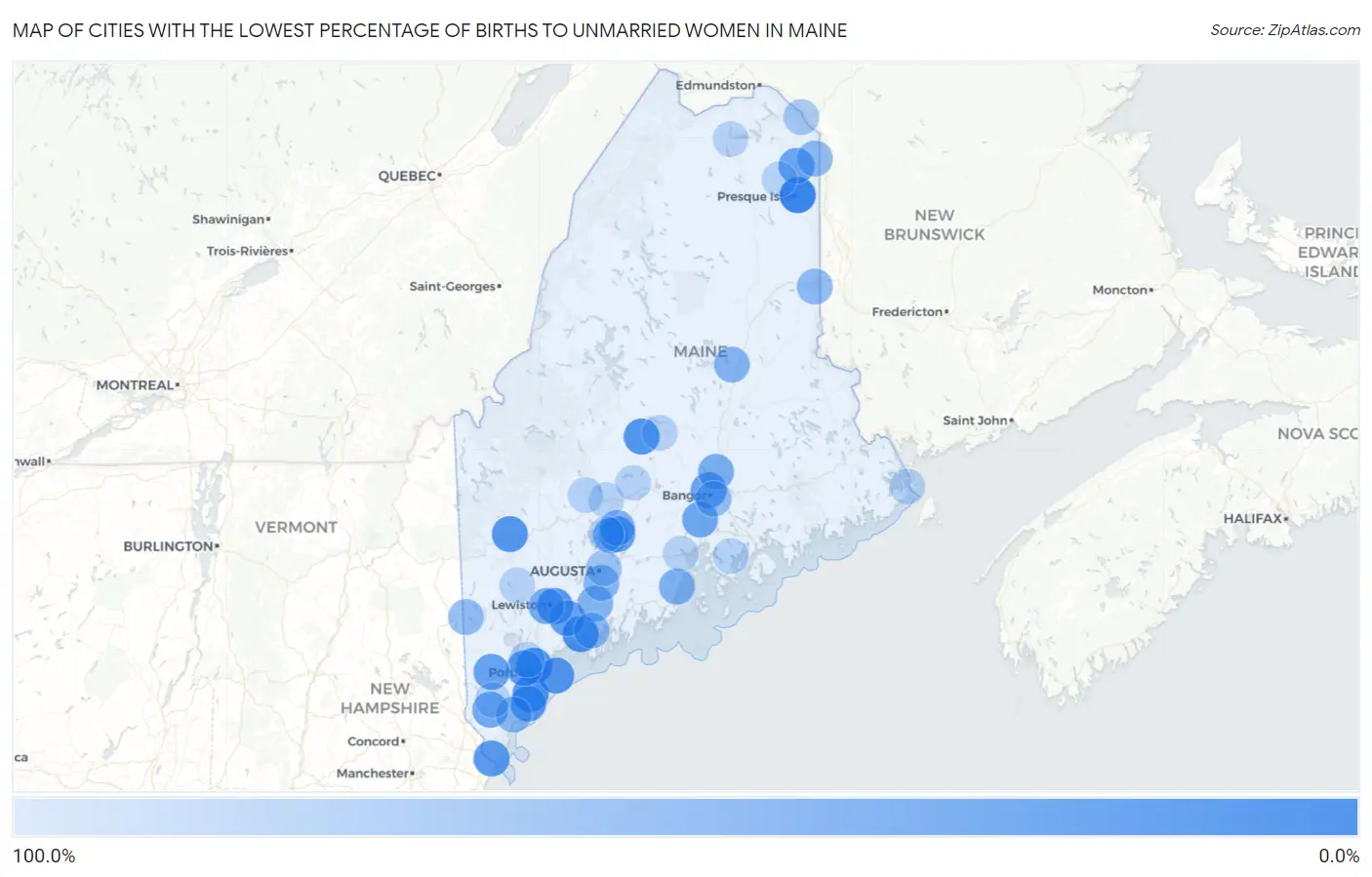 Cities with the Lowest Percentage of Births to Unmarried Women in Maine Map
