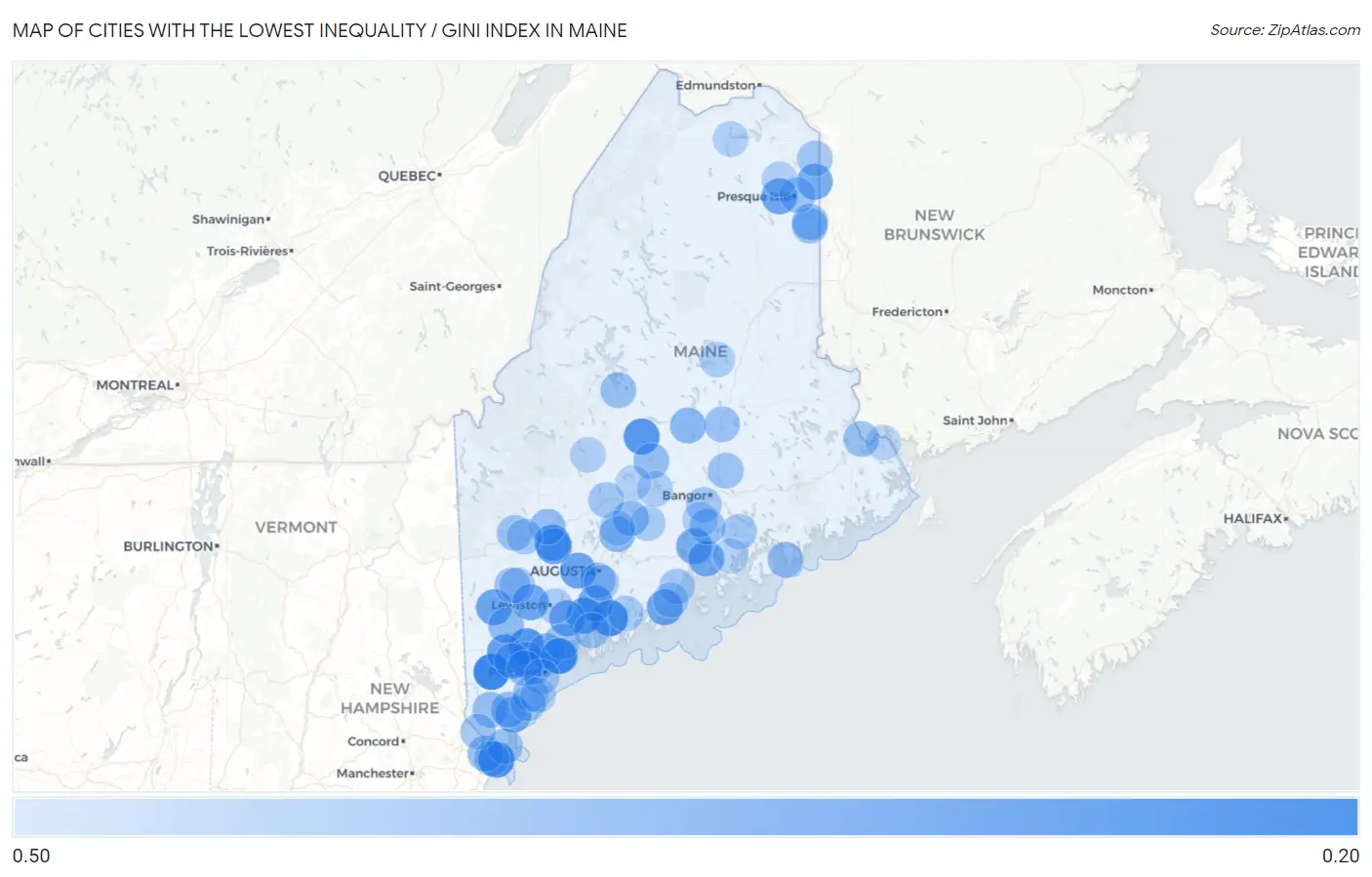 Cities with the Lowest Inequality / Gini Index in Maine Map