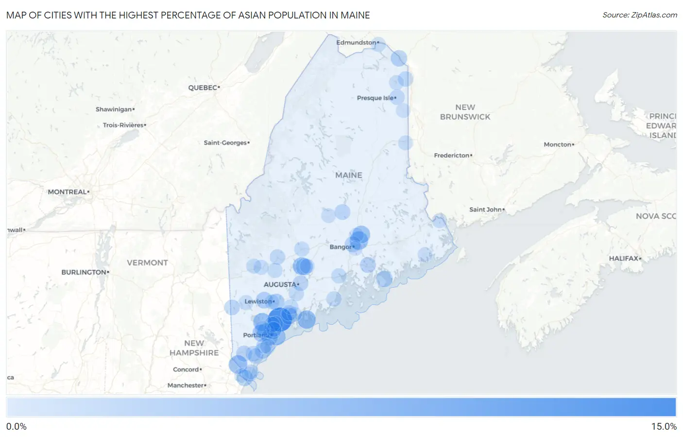 Cities with the Highest Percentage of Asian Population in Maine Map