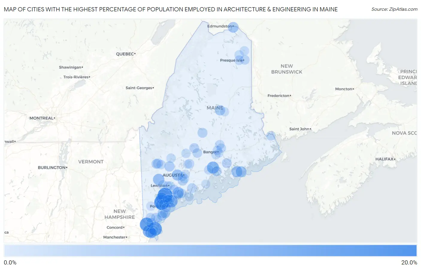 Cities with the Highest Percentage of Population Employed in Architecture & Engineering in Maine Map