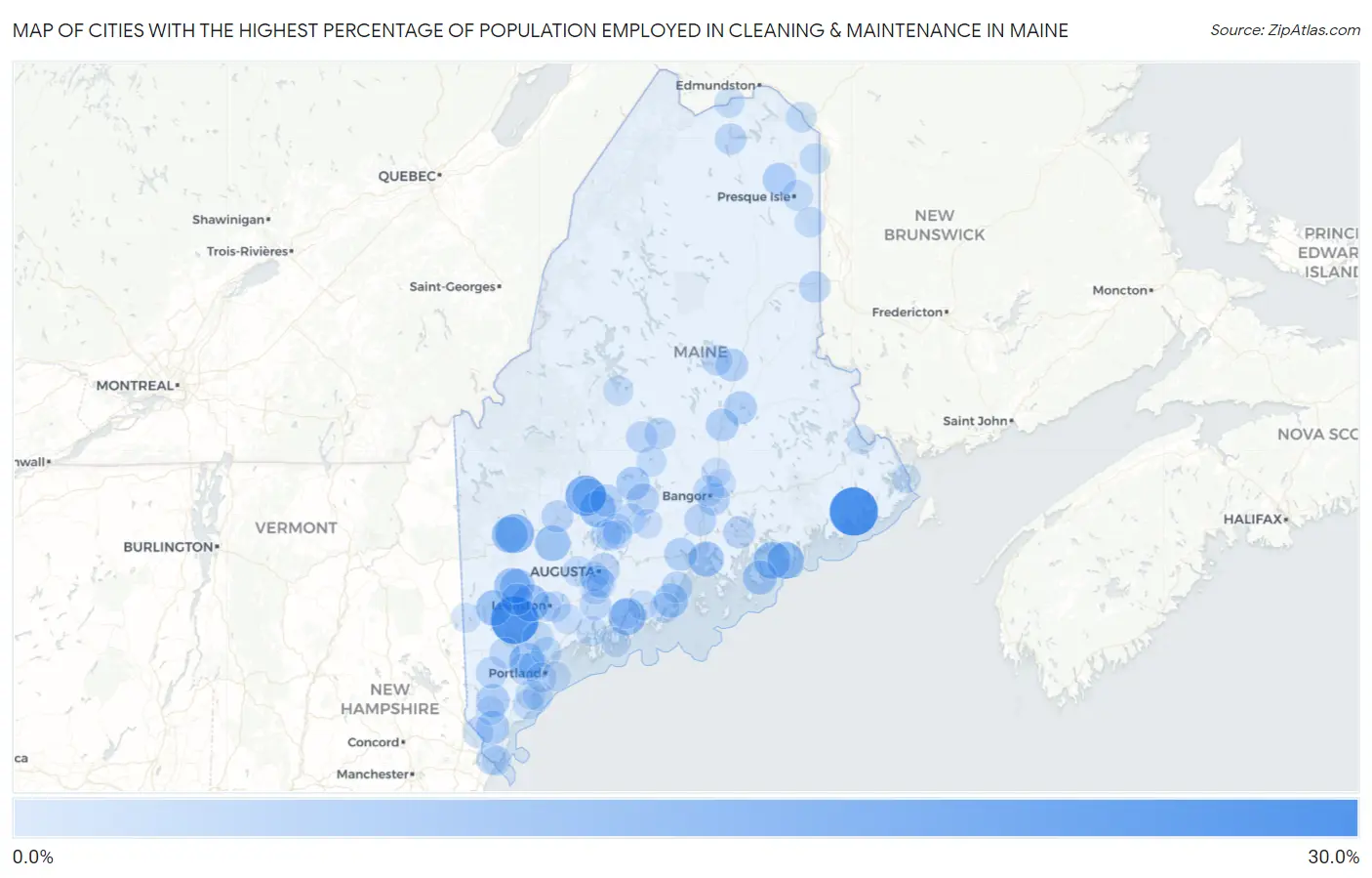 Cities with the Highest Percentage of Population Employed in Cleaning & Maintenance in Maine Map