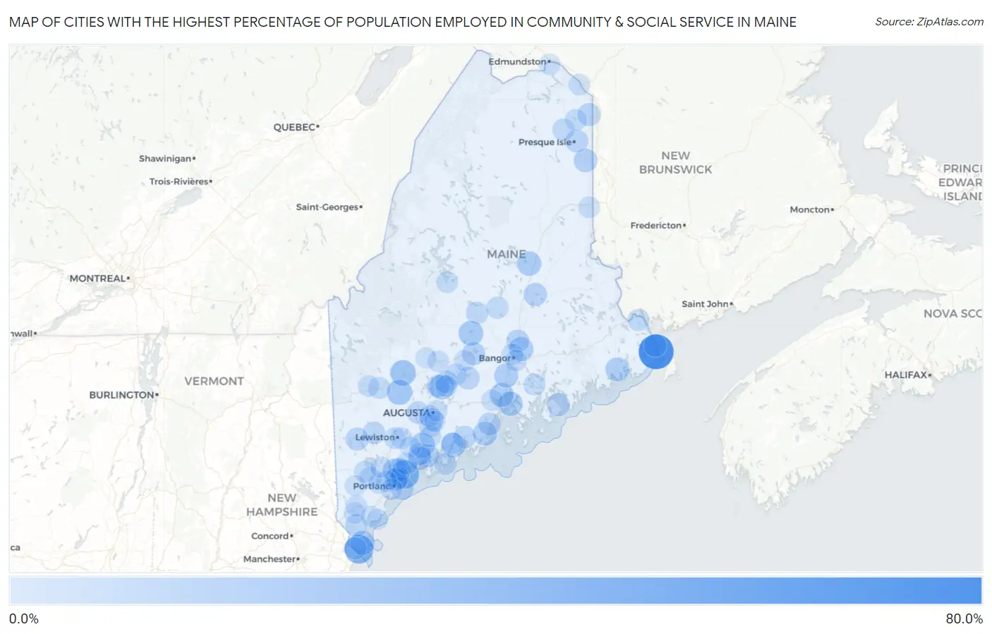 Cities with the Highest Percentage of Population Employed in Community & Social Service  in Maine Map
