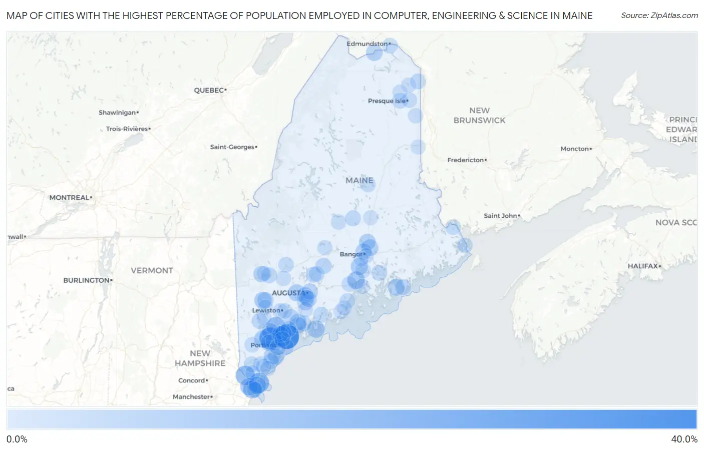 Cities with the Highest Percentage of Population Employed in Computer, Engineering & Science in Maine Map