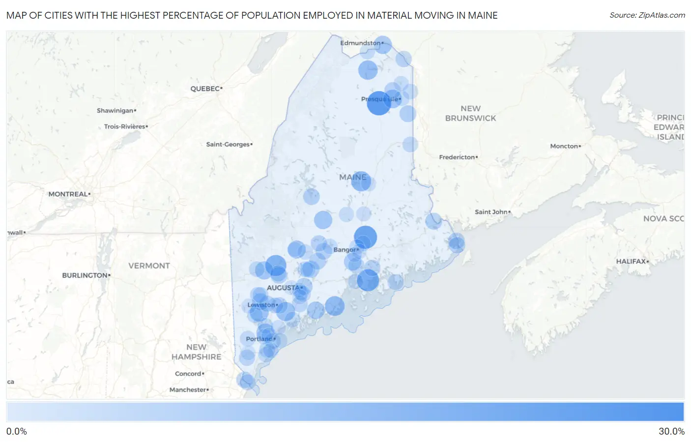 Cities with the Highest Percentage of Population Employed in Material Moving in Maine Map