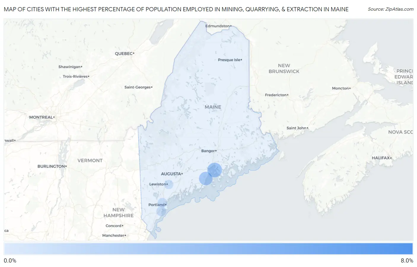 Cities with the Highest Percentage of Population Employed in Mining, Quarrying, & Extraction in Maine Map