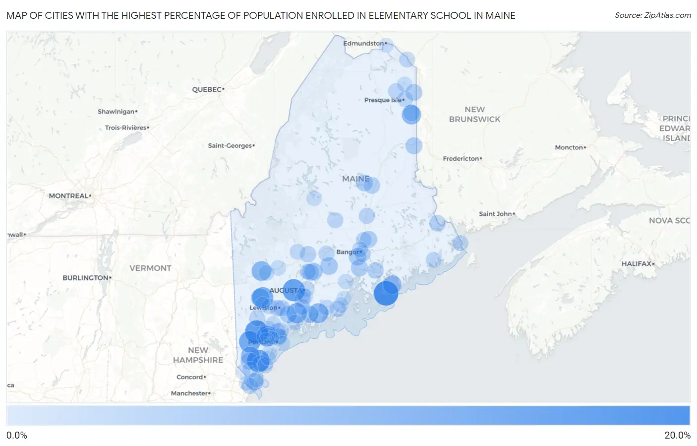 Cities with the Highest Percentage of Population Enrolled in Elementary School in Maine Map
