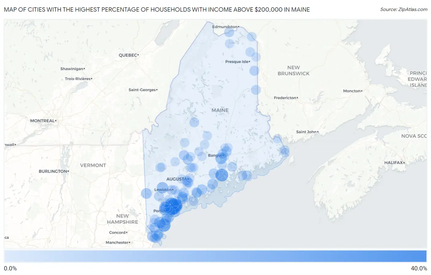 Cities with the Highest Percentage of Households with Income Above $200,000 in Maine Map