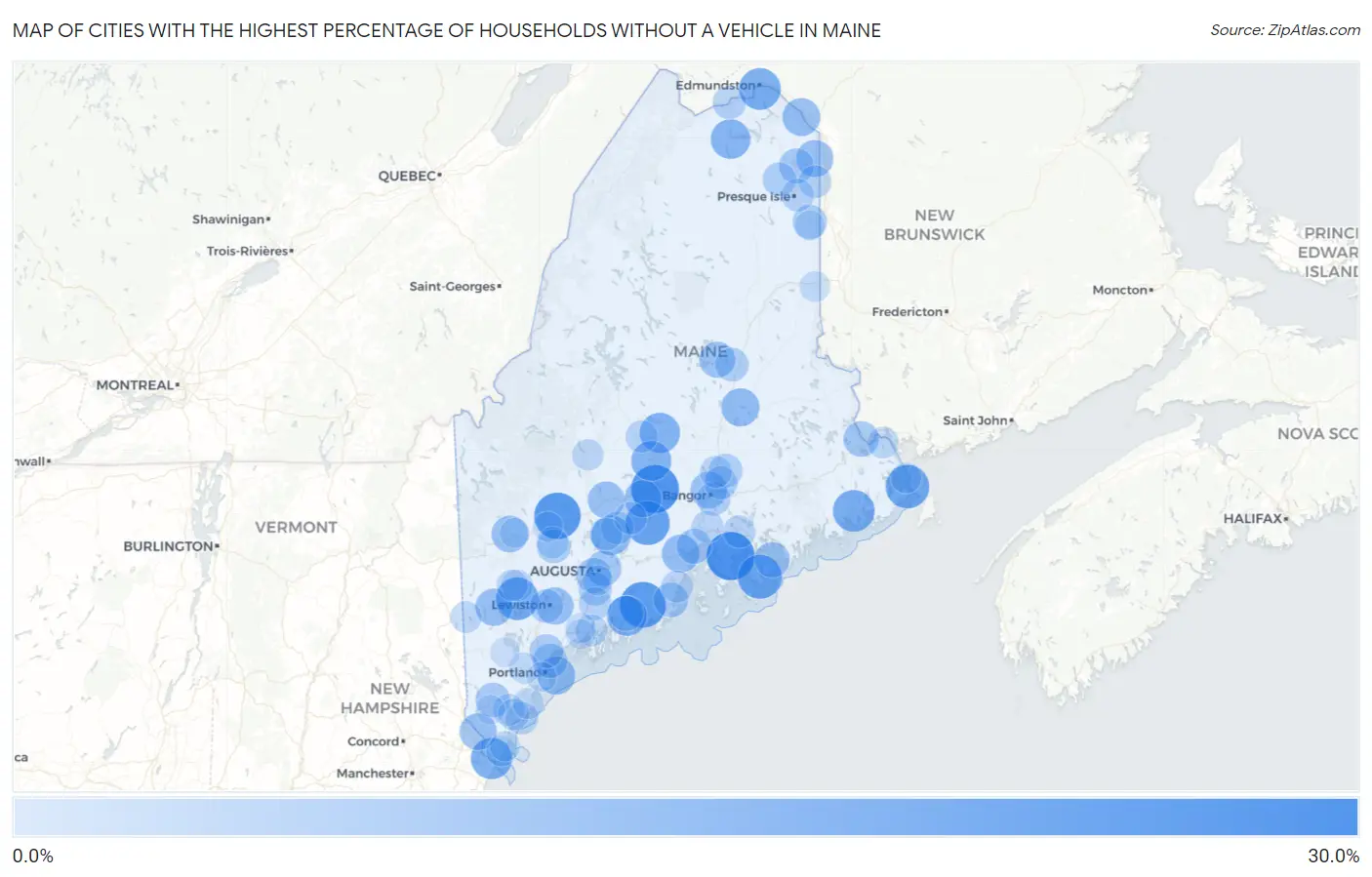 Cities with the Highest Percentage of Households Without a Vehicle in Maine Map