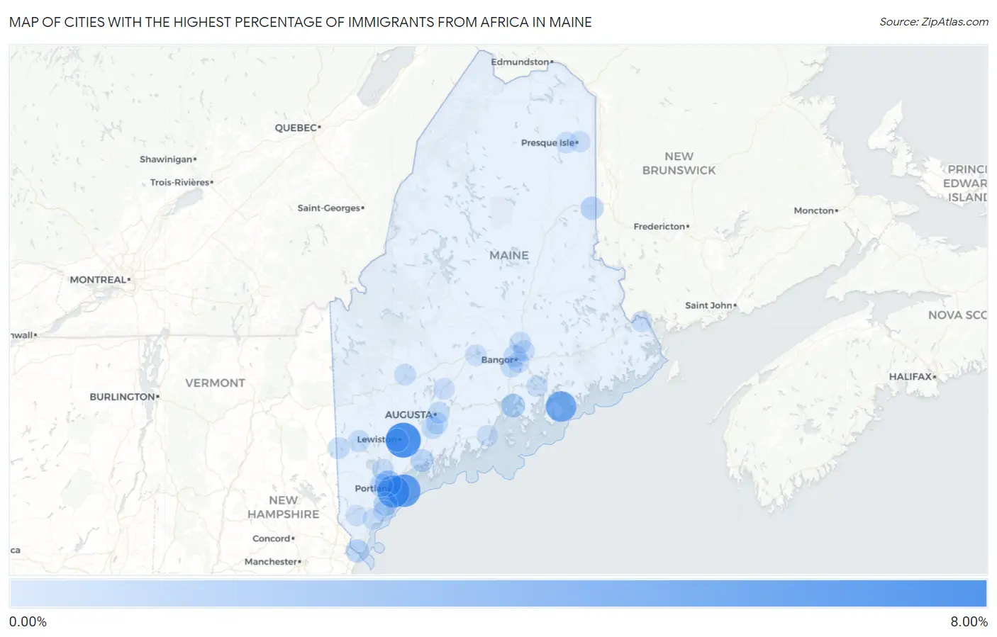 Cities with the Highest Percentage of Immigrants from Africa in Maine Map