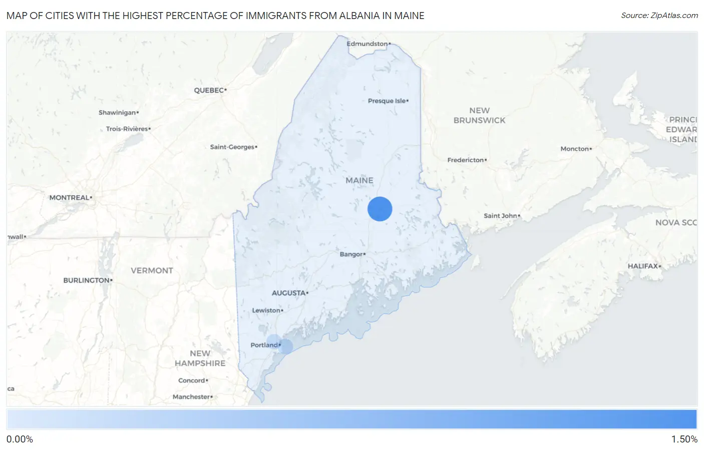 Cities with the Highest Percentage of Immigrants from Albania in Maine Map