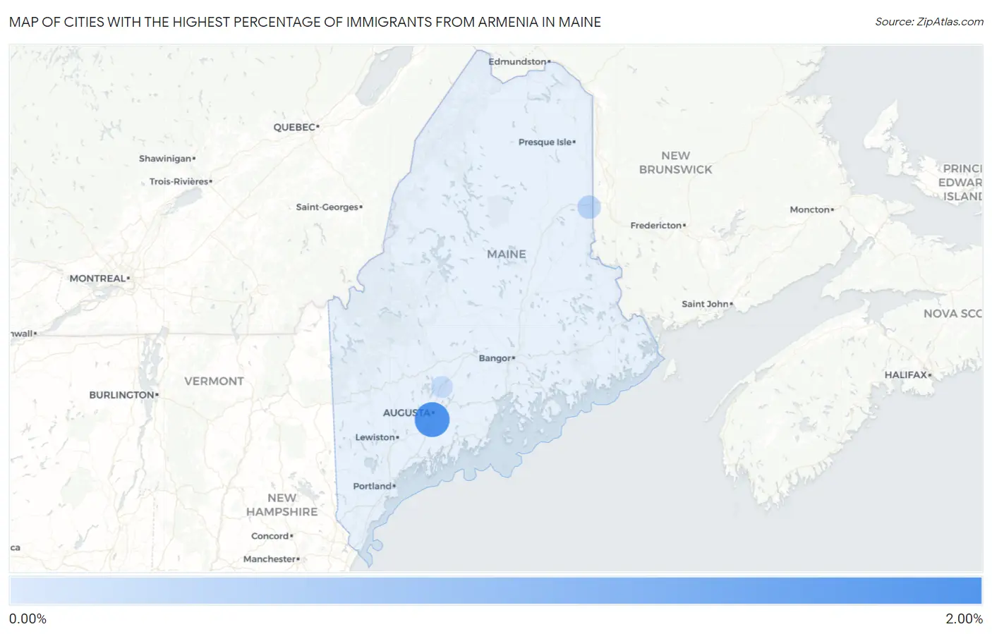 Cities with the Highest Percentage of Immigrants from Armenia in Maine Map