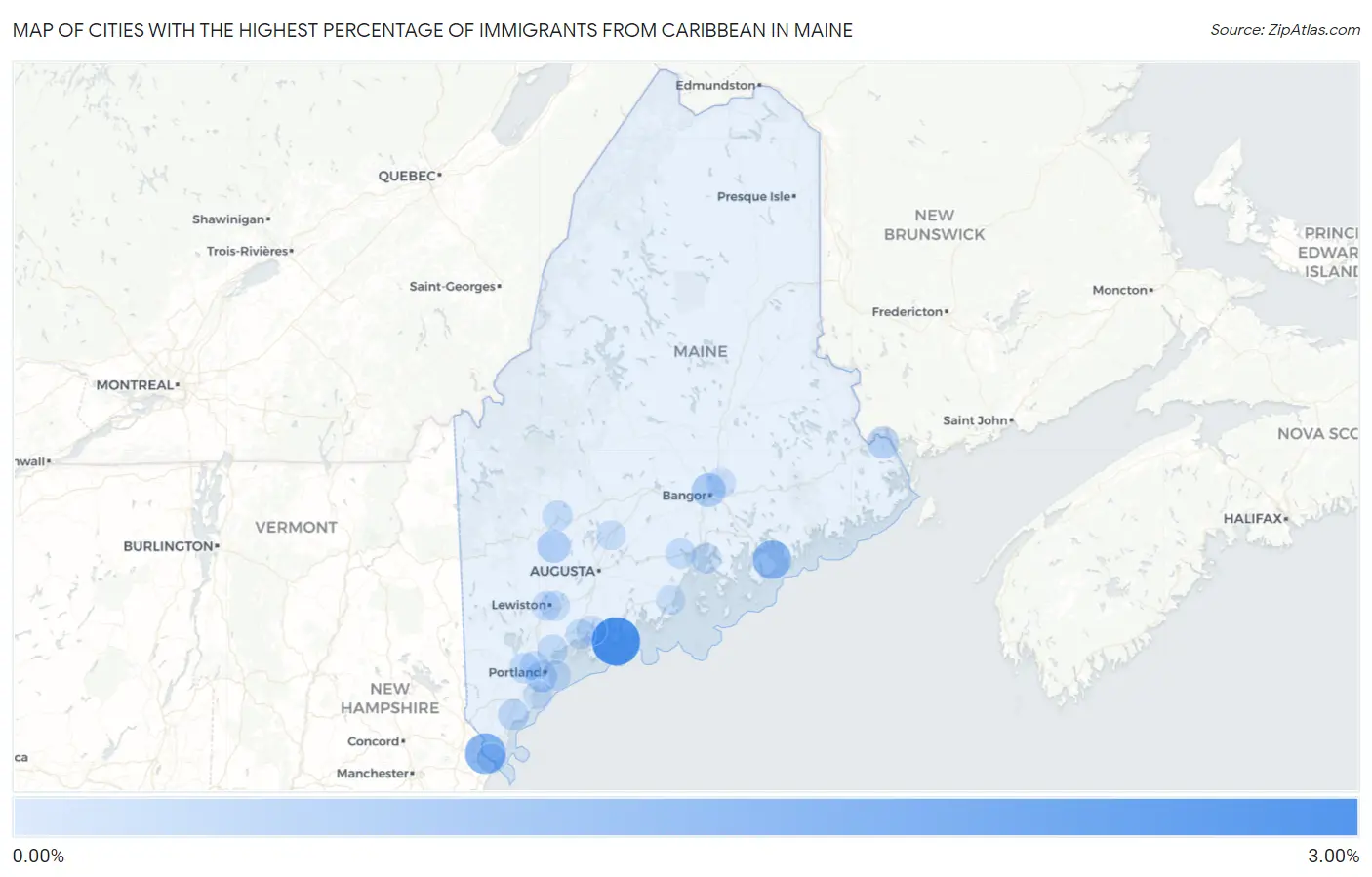 Cities with the Highest Percentage of Immigrants from Caribbean in Maine Map