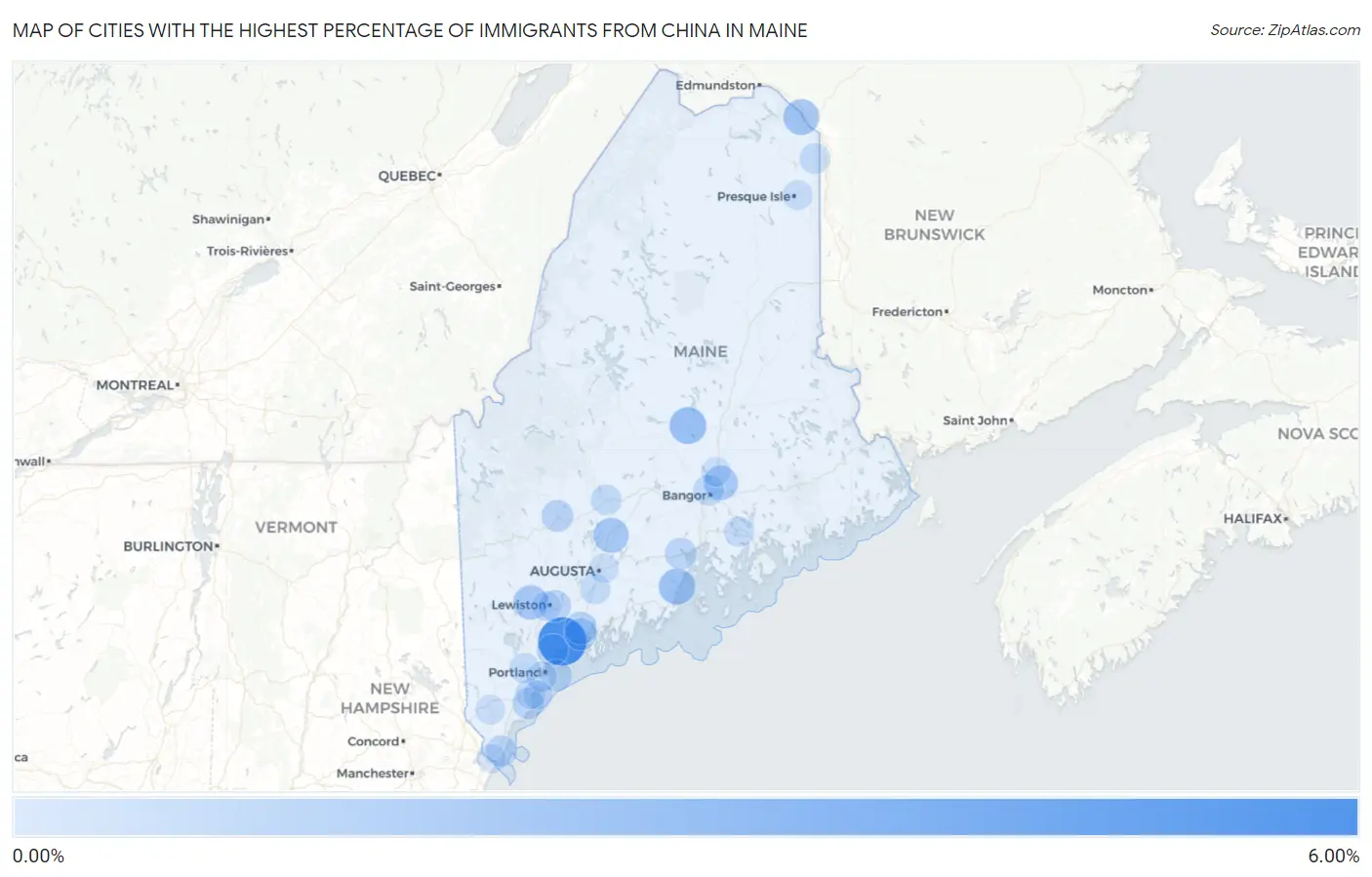 Cities with the Highest Percentage of Immigrants from China in Maine Map