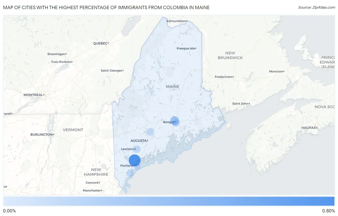 Cities with the Highest Percentage of Immigrants from Colombia in Maine Map