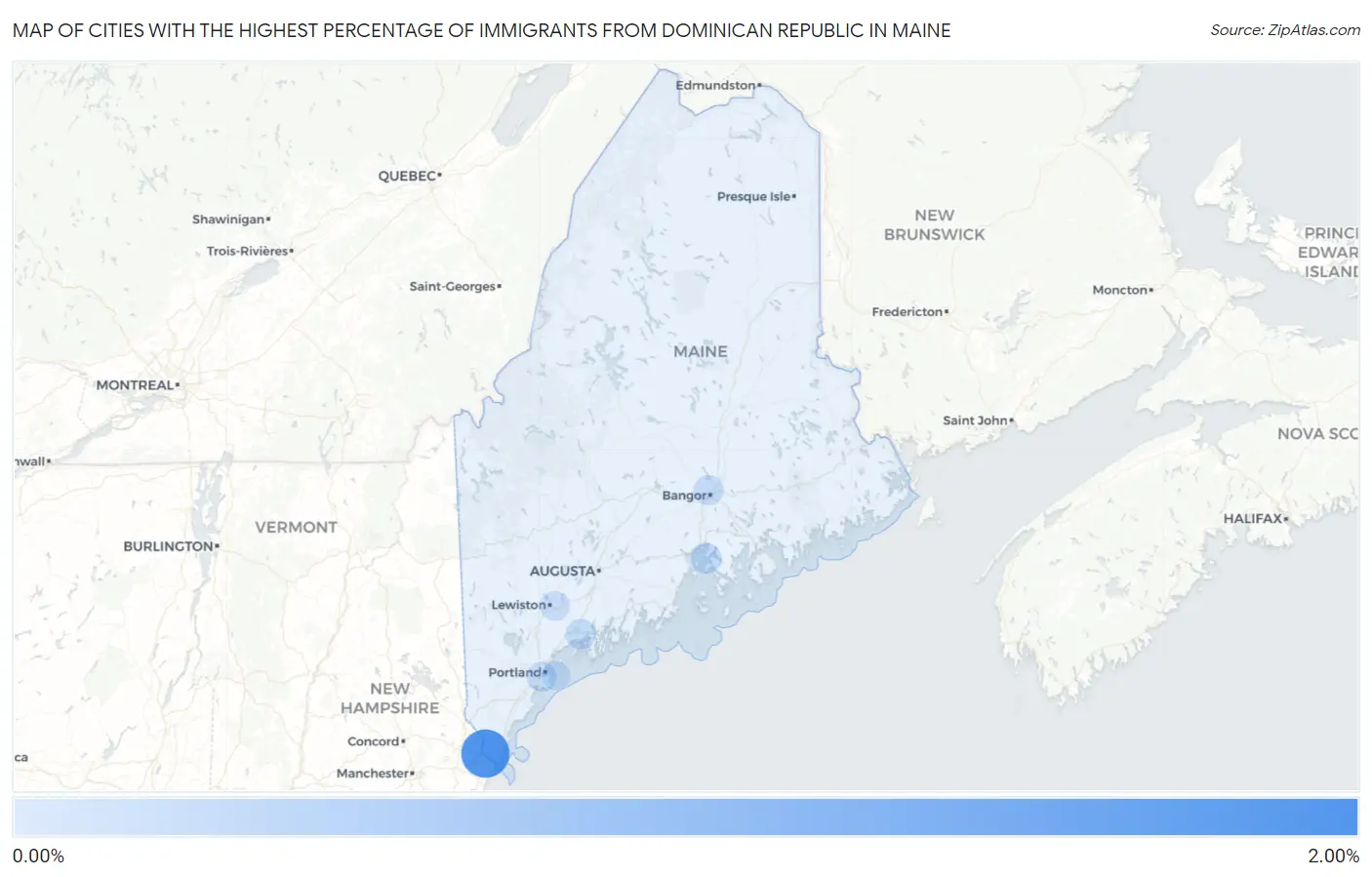 Cities with the Highest Percentage of Immigrants from Dominican Republic in Maine Map