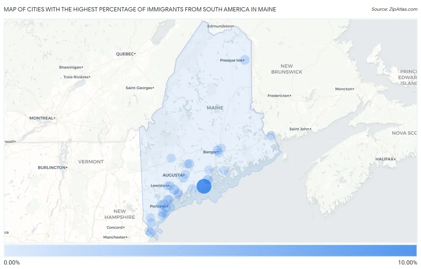 Cities with the Highest Percentage of Immigrants from South America in Maine Map