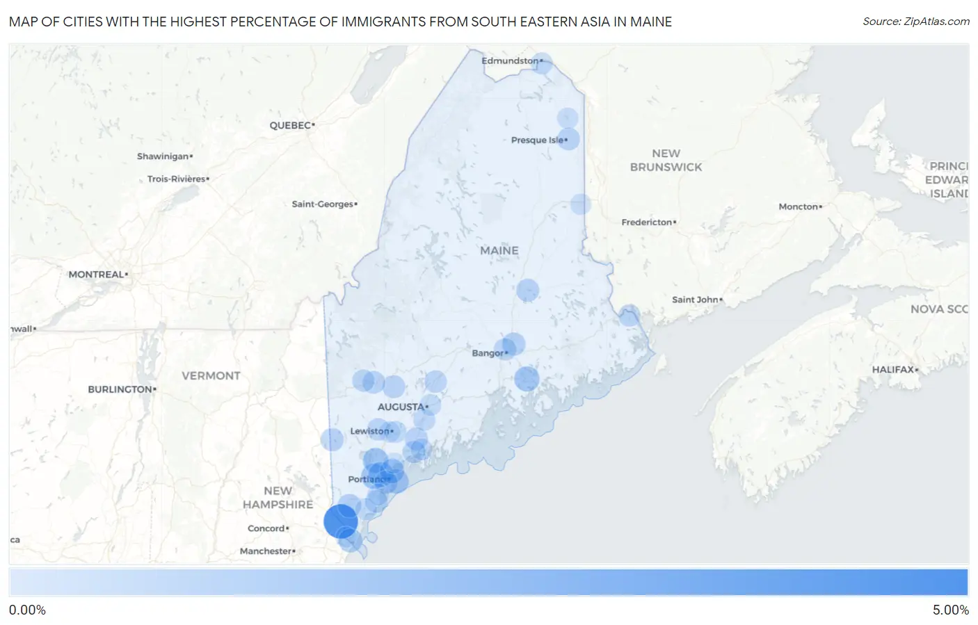 Cities with the Highest Percentage of Immigrants from South Eastern Asia in Maine Map