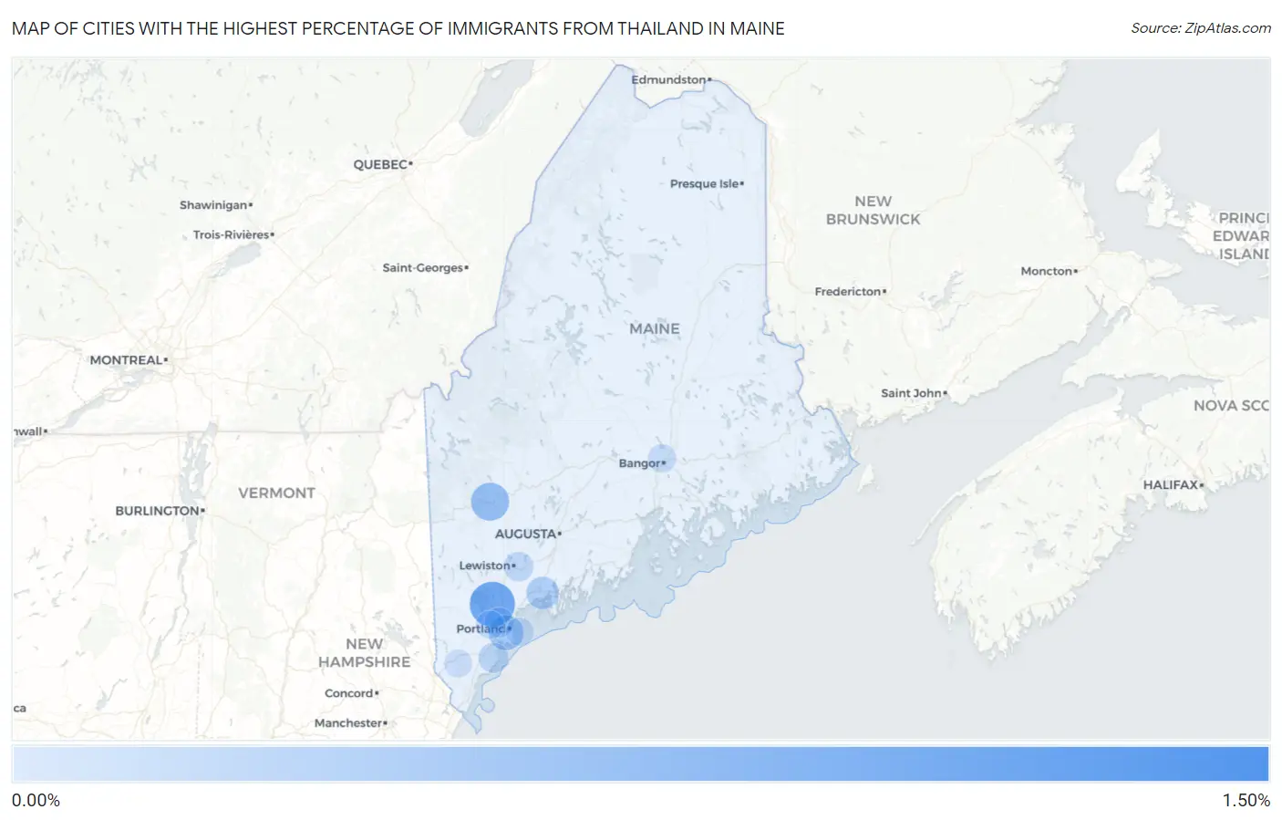 Cities with the Highest Percentage of Immigrants from Thailand in Maine Map