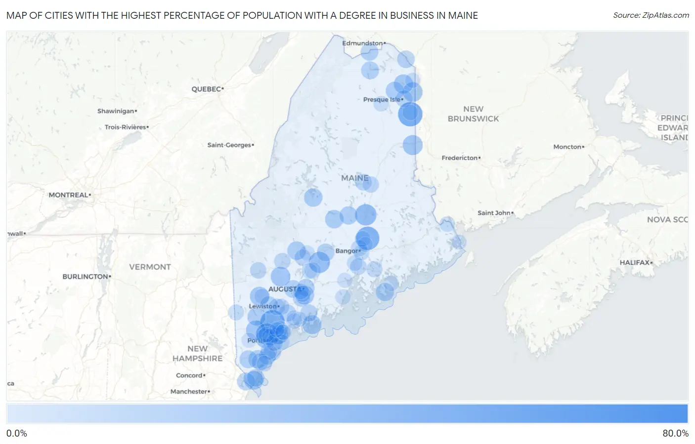 Cities with the Highest Percentage of Population with a Degree in Business in Maine Map