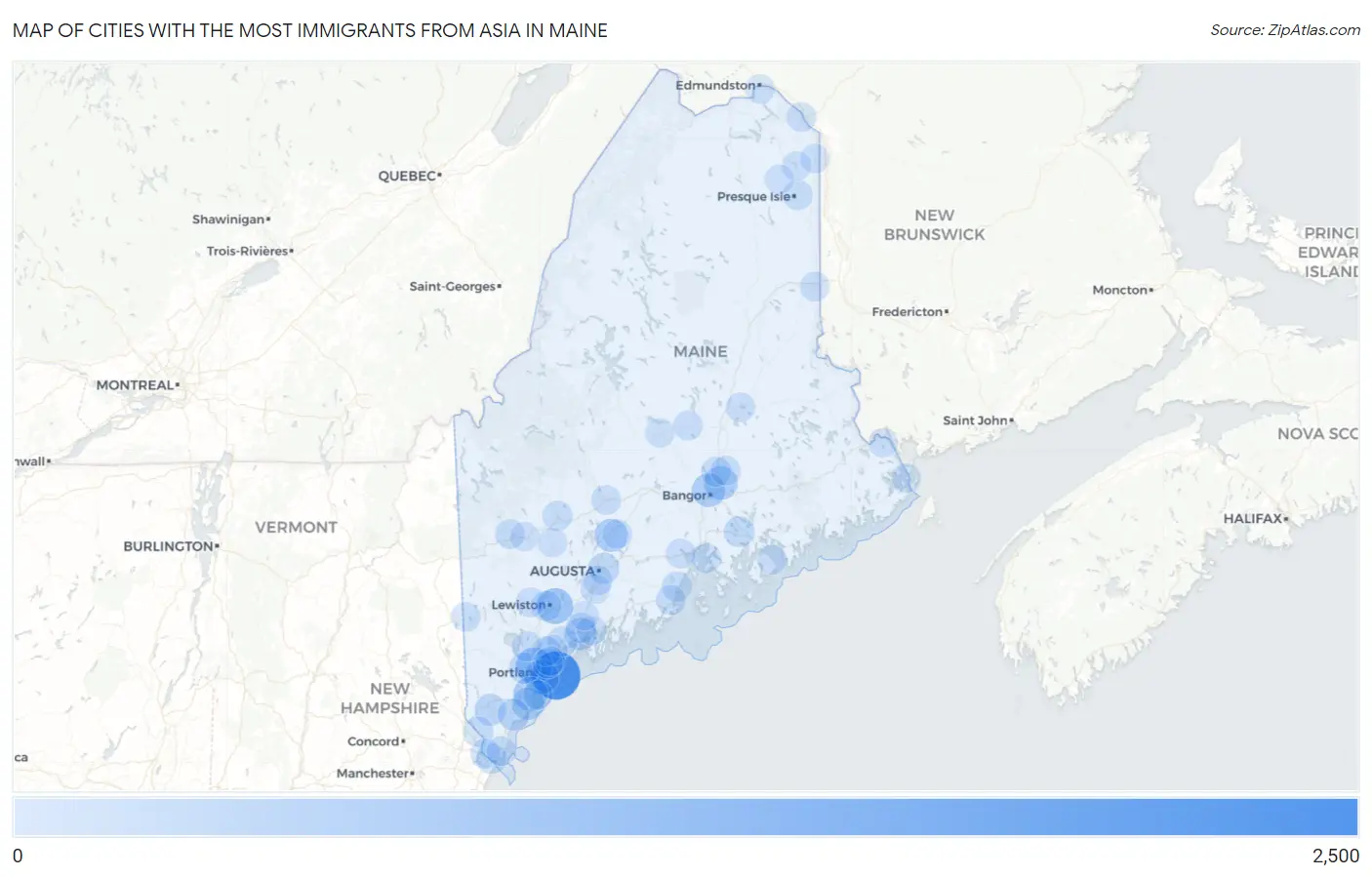 Cities with the Most Immigrants from Asia in Maine Map