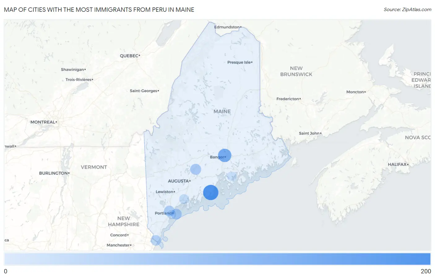 Cities with the Most Immigrants from Peru in Maine Map