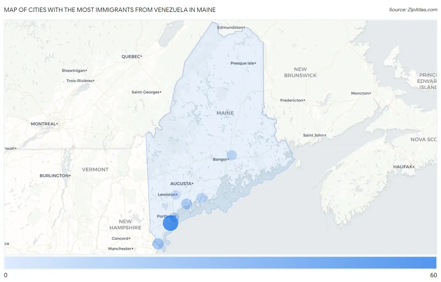 Cities with the Most Immigrants from Venezuela in Maine Map