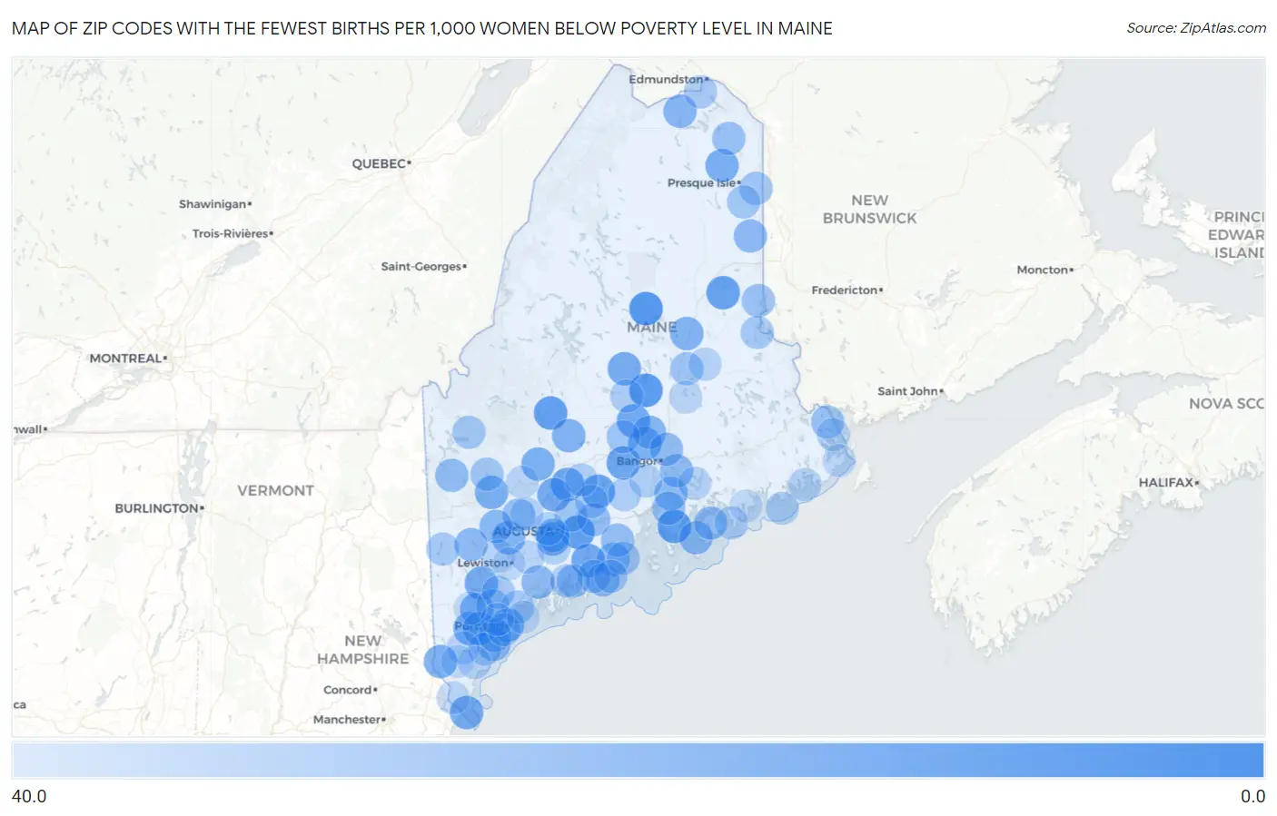 Zip Codes with the Fewest Births per 1,000 Women Below Poverty Level in Maine Map