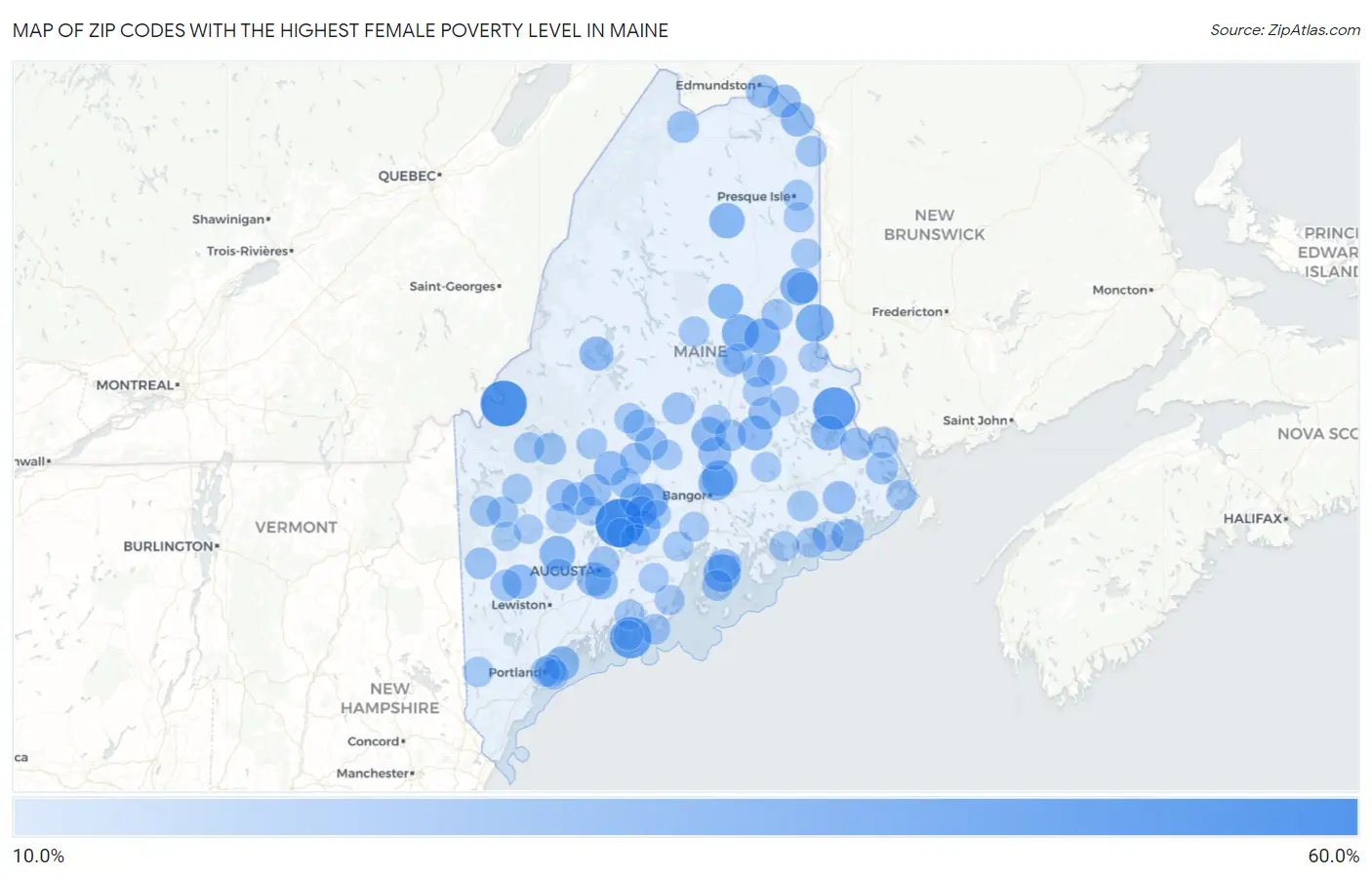 Zip Codes with the Highest Female Poverty Level in Maine Map