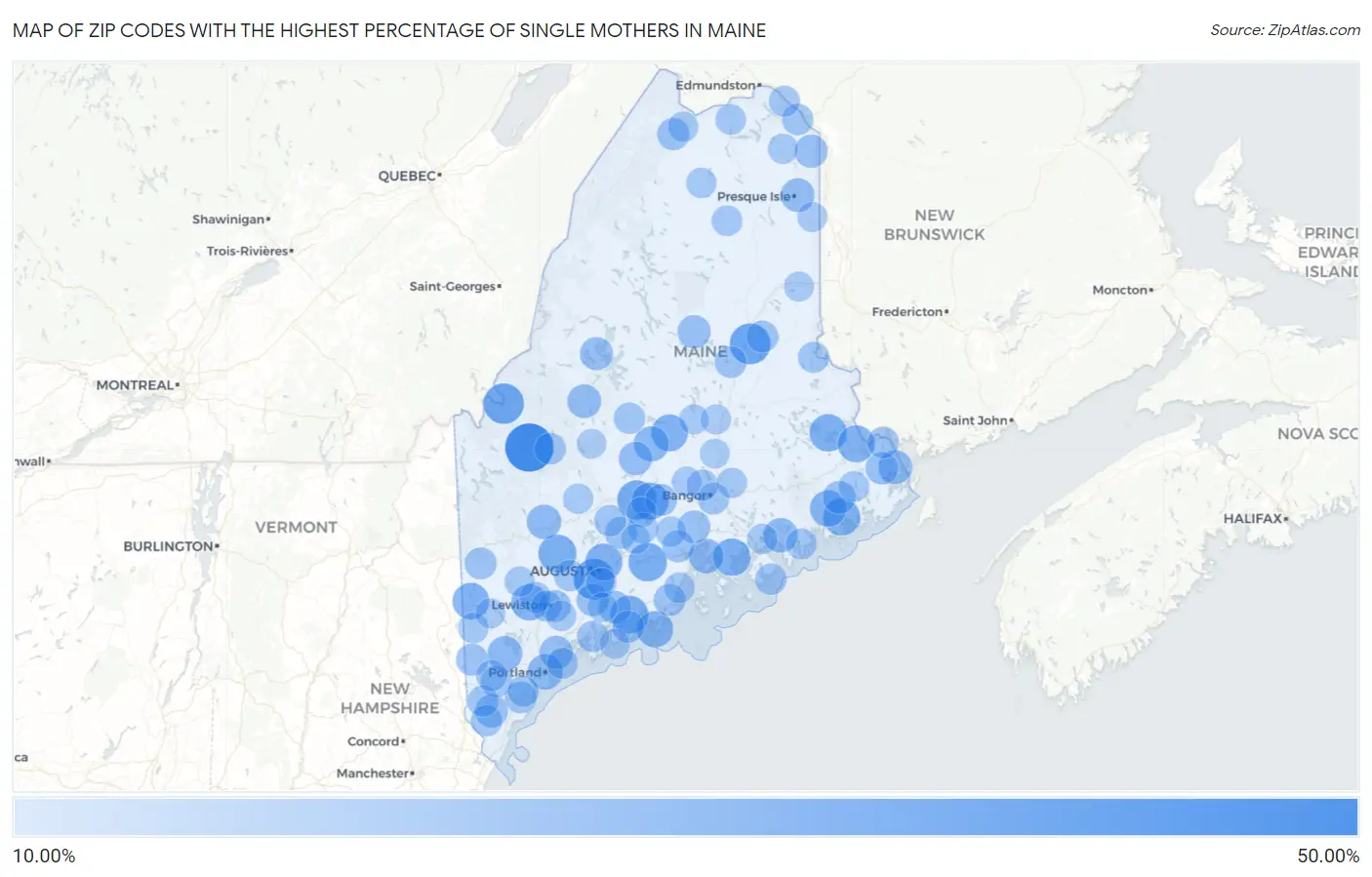 Zip Codes with the Highest Percentage of Single Mothers in Maine Map