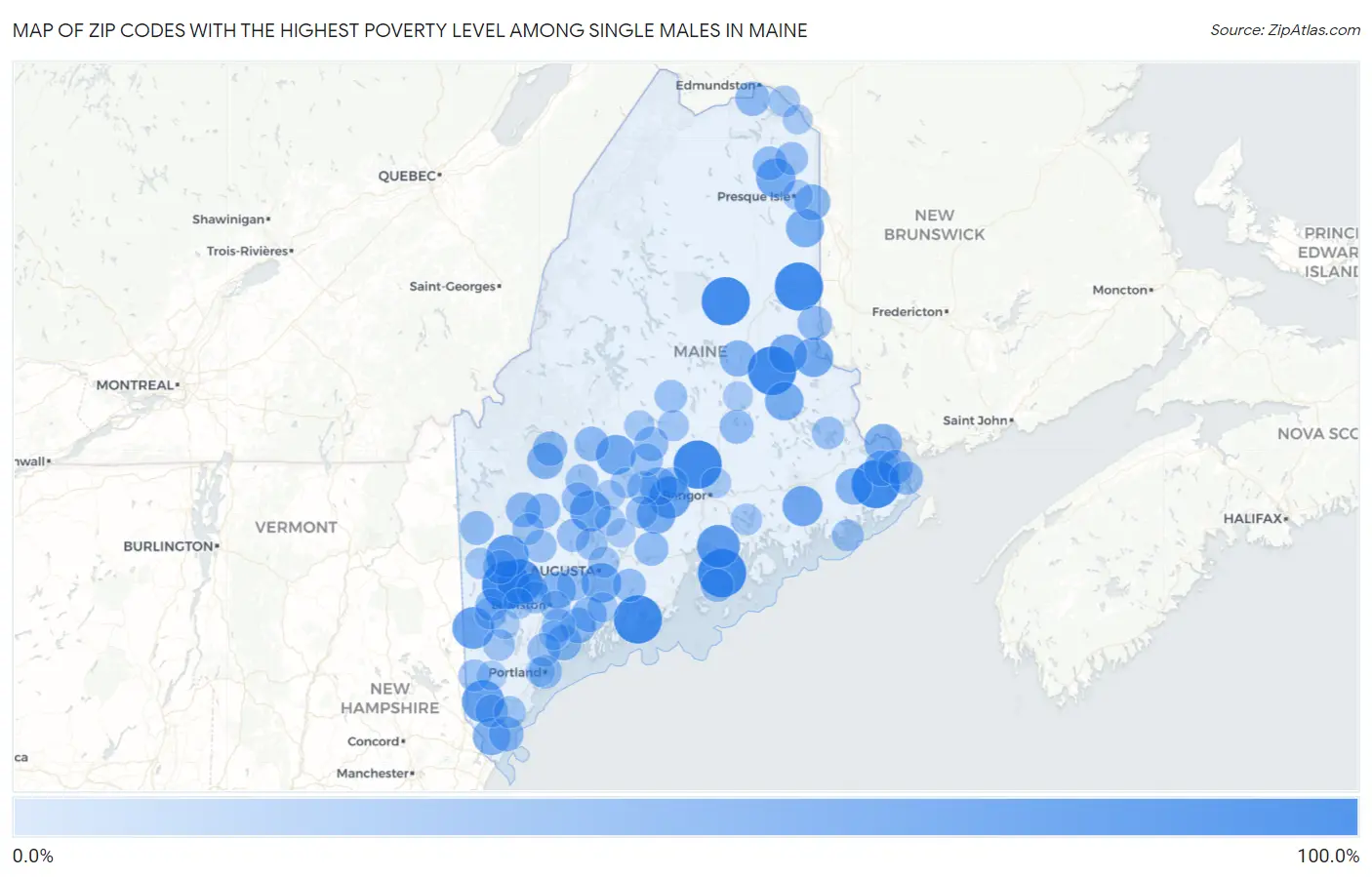Zip Codes with the Highest Poverty Level Among Single Males in Maine Map
