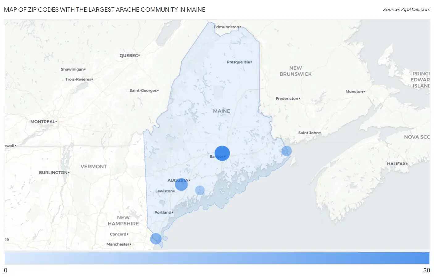 Zip Codes with the Largest Apache Community in Maine Map